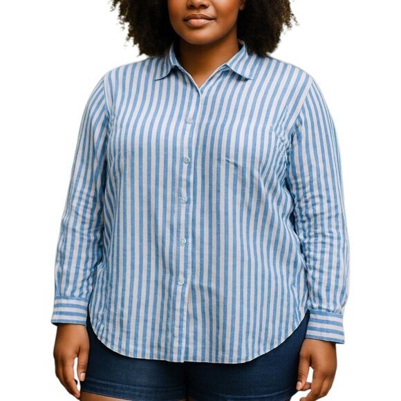 Lauren Ralph Lauren Womens Linen Popover Top Blue Stripes Plus Size 3X - Picture 1 of 13